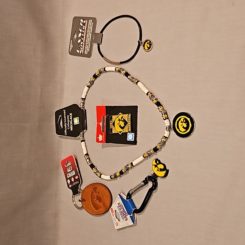 Iowa Hawkeyes Necklace Lapel Pin Keychain Charm Bracelet & Clip